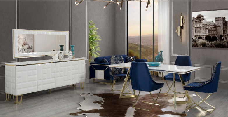 Exkluzivní sestava do jídelny ve stylu bílé barvy, luxusní jídelní stůl s 4 židlemi, 7 kusů.