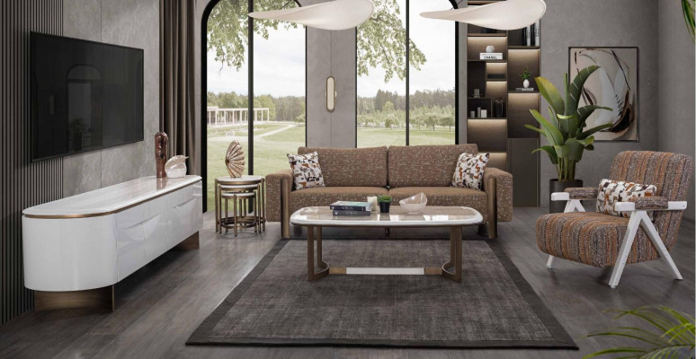 Elegantní hnědá obývací sestava pro designéry 3-místná pohovka 1-místná pohovka 3 kusy