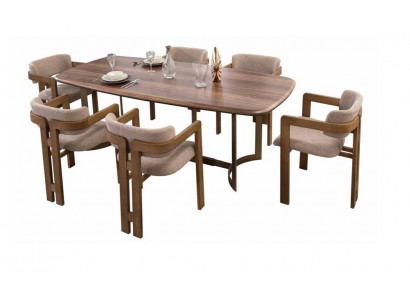 Hnědá sada do jídelny, designové čalouněné židle, jídelní stůl, jídelní sestava.