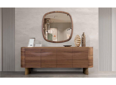 Moderní hnědá komoda 4 dvířkový bufet designový stůl se zrcadlem