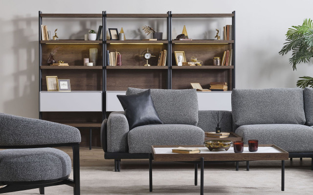 Šedá obývací sestava Luxus Rozkládací rohová pohovka KOuch Kavčí stolik Taburet