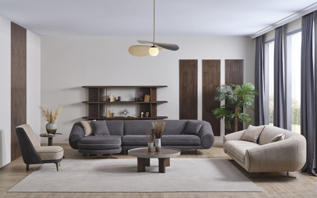 Designer obývací souprava L-tvaru, sedací souprava 3-místná, křeslo, nábytek s potahem.