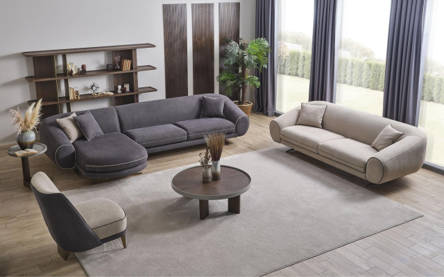Designer obývací souprava L-tvaru, sedací souprava 3-místná, křeslo, nábytek s potahem.