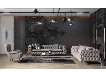 Světle šedá obývací sada Chesterfield 4+3 křesla luxusní křeslo