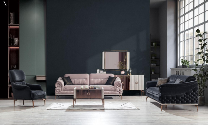 Elegantní obývací pokoj set designérská třímístná pohovka, křeslo, konferenční stolek.