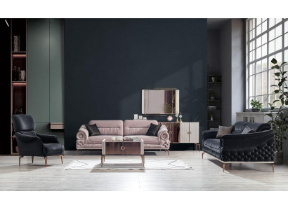 Elegantní obývací pokoj set designérská třímístná pohovka, křeslo, konferenční stolek.