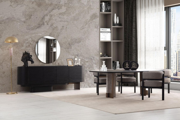 Designer jídelní sestava jídelní stůl 6 židlí komoda zrcadlo 9dílná