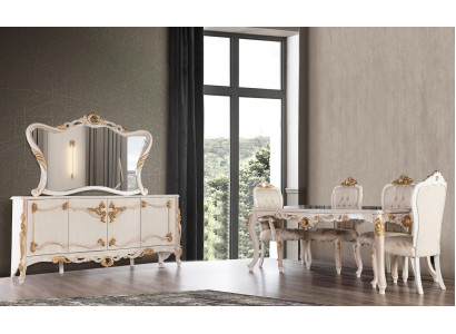 Jídelní stůl s nádobím, jídelní stůl skupiny jídelny, židle, set bufetu, zrcadlo 6 dílné