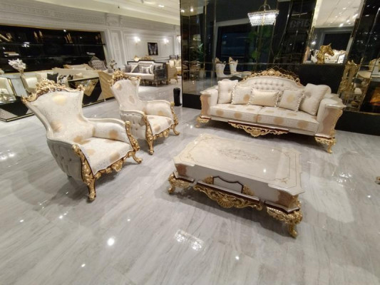 Sofa set 311 + Dřevěný konferenční stolek Obývacího pokoje Luxus Chesterfield Pohovka Látka Nová