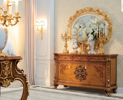 Hnědý dřevěný komod pro jídelnu - elegantní nábytek skříň komoda