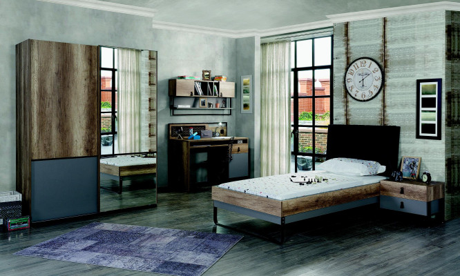 Modernes Jugendzimmer Set Bett Nachttisch Tisch Schlafzimmer Wandregal 6tlg.