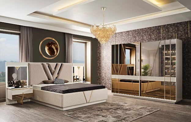 Ložnice 4-dílná sada - Polstrovaná postel, 2x noční stolek, luxusní šatní skříň.