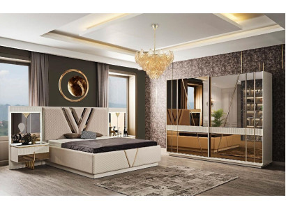 Ložnice 4-dílná sada - Polstrovaná postel, 2x noční stolek, luxusní šatní skříň.