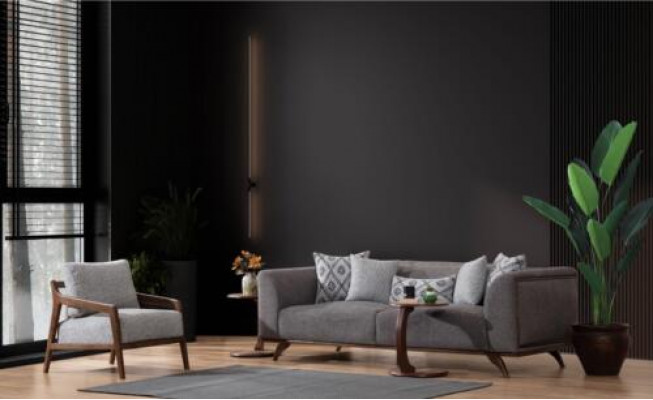 Šedý obývací pokoj - sofa set 3+1 místný, 2x dřevěné konferenční stolky