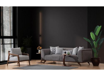 Šedý obývací pokoj - sofa set 3+1 místný, 2x dřevěné konferenční stolky