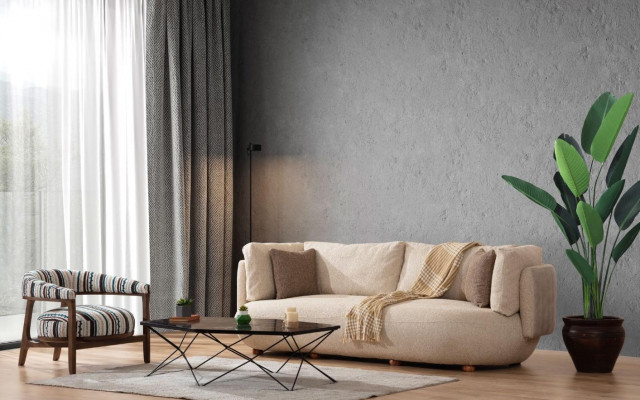 Elegantní obývací sada - moderní třímístná pohovka a dvoubodový křeslo v bežové barvě