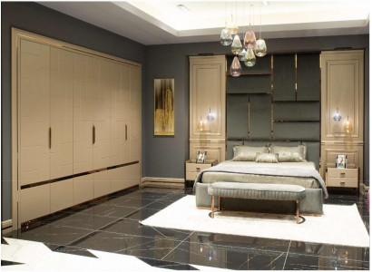 Skupina designu ložnice manželská postel postel noční stolky sada 6 kusů béžová