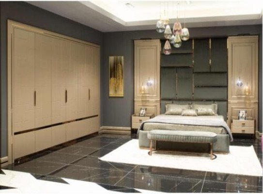 Skupina ložnicových nábytkov manželská posteľ posteľ beige moderný set 5-dielny drevo