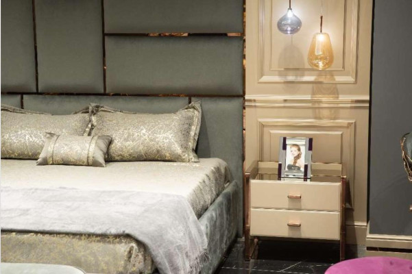 Skupina ložnicových nábytkov manželská posteľ posteľ beige moderný set 5-dielny drevo