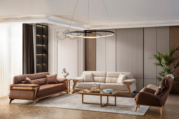 Elegantní sada obývacího pokoje se skládá z 2x 3místných pohovek a 2x stolů 4 kusy.