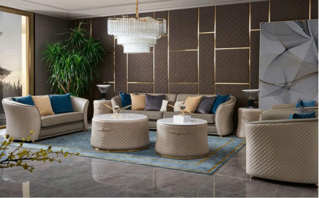 Luxusní nábytek sedací souprava pohovka sofa potah 421 se 2x konferenční stolkem 5dílná.