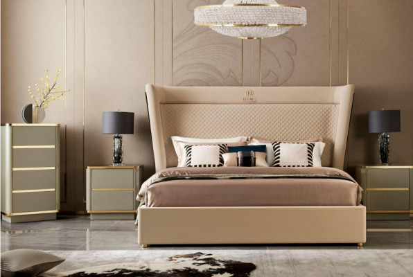 Manželská postel ložnice hotelu Luxusní manželská postel 2x noční stolek 3-dílná sada postelí