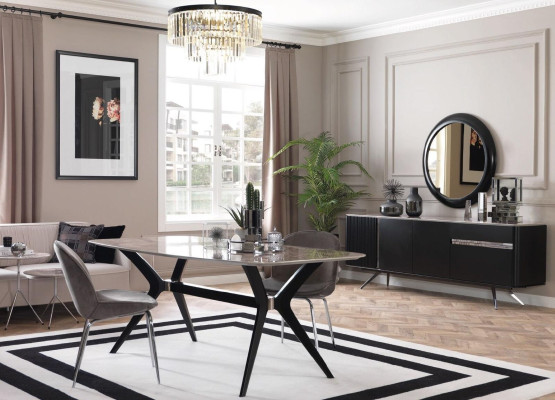 Wohnzimmer Anrichte Spiegel Sideboard Holz mit Metall Stil schwarze