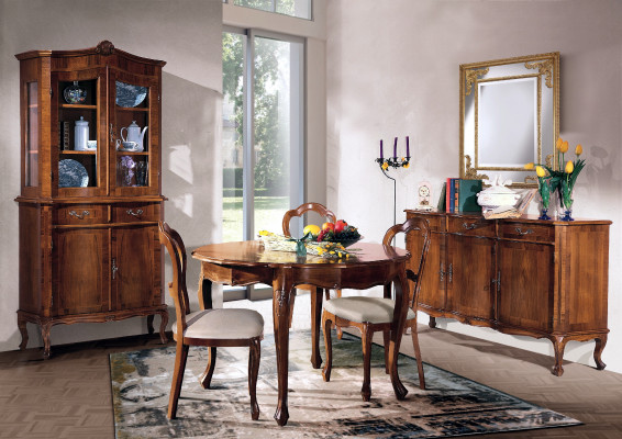 Jídelní set 7 dílný. Kulatý jídelní stůl 3 židle Komoda Skupina jídelního nábytku Dřevěný stůl Nový.