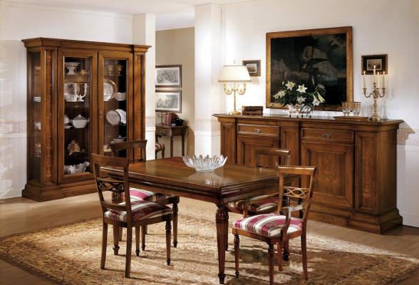 Kompletní jídelní stůl 4 židle sestava jídelního pokoje skupina dřevěná vitrína komoda