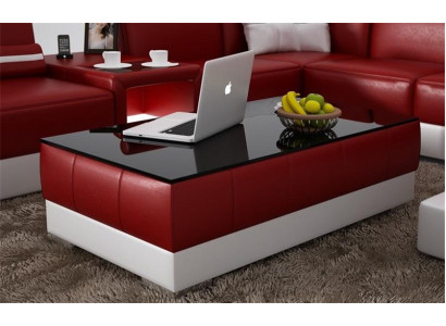 Stolní design obývacího pokoje ze skleněného kůže se skleněným povrchem a čalouněním.