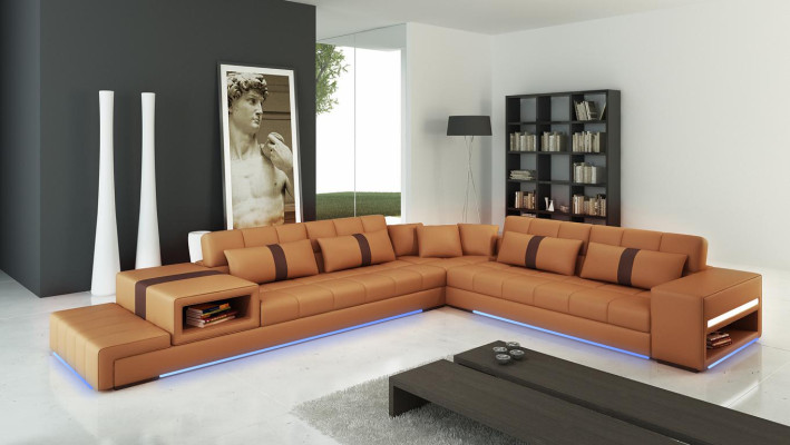 Pohovka z čalouněné kůže, rohová sedací souprava, designová pohovka, moderní.