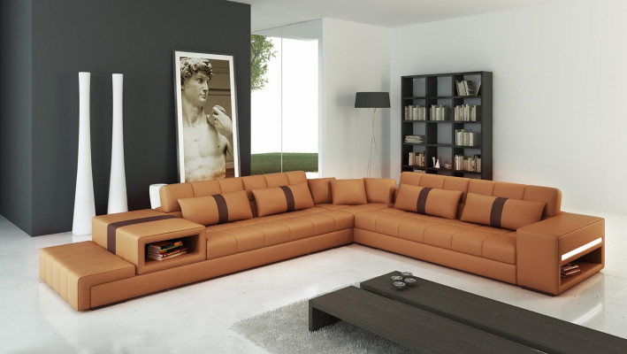Pohovka z čalouněné kůže, rohová sedací souprava, designová pohovka, moderní.