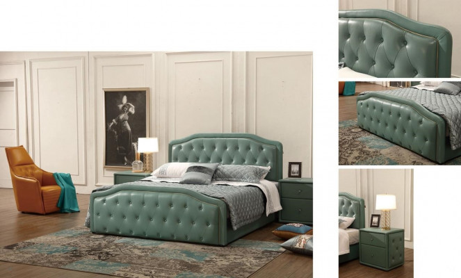 Moderní designový hotelový pokoj. Postel XXL, luxusní manželská postel s čalouněnou kůží typu Chesterfield o rozměrech 180x200 cm.