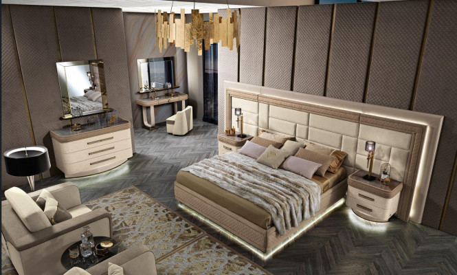 Design Luxus ložnice postel 2x noční stolky komoda sestava postele 8dílná sada