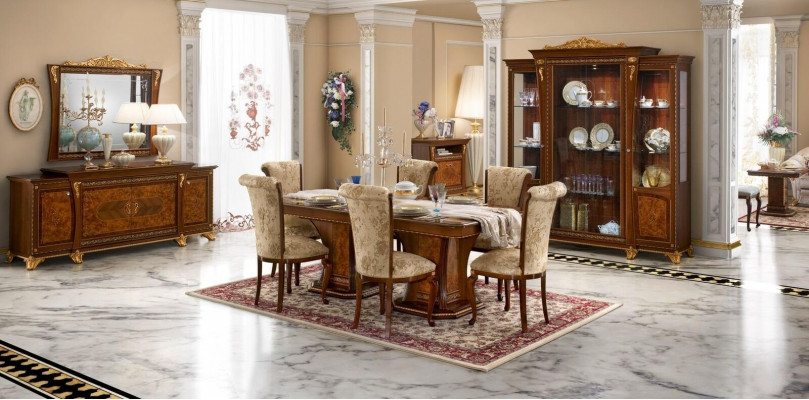 Sada nábytku do jídelny, vitrína, stůl, 6x židle, komoda, zrcadlo, barokní styl, nové, 10 ks.