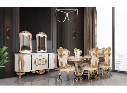Luxus jídelní sestava 9 dílná. Jídelní stůl + 6x židlí + komoda s zrcadlem bílá nová