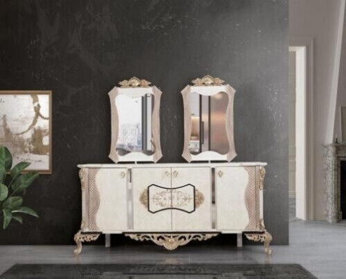 Luxus jídelní sestava 9 dílná. Jídelní stůl + 6x židlí + komoda s zrcadlem bílá nová