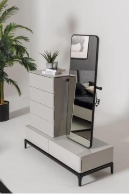 Moderní černobílá ložnice (postel, dva noční stolky, komoda se zrcadlem)
