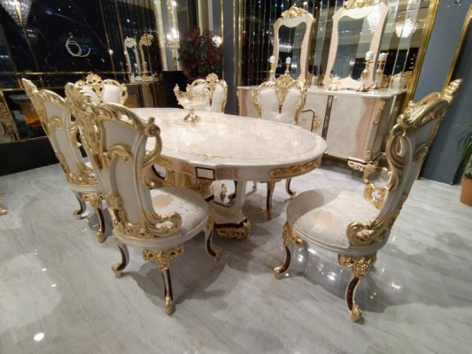 Luxus jídelní sestava jídelní stůl 4x židle dřevěná židle textilní jídelní skupina garnýr Nový