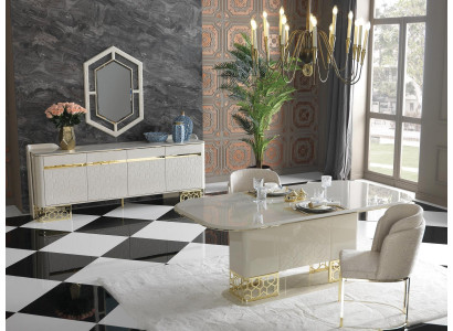 Moderní sestava do jídelny: jídelní stůl, 4 židle, komoda - 6 kusů.