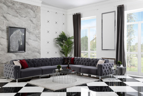 Moderní sedací souprava L tvaru do obývacího pokoje šedé barvy se dřevem a textilií