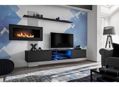 Černá stěnová jednotka s krbem, obývací pokoj, designérový moderní nábytek, TV stojan.