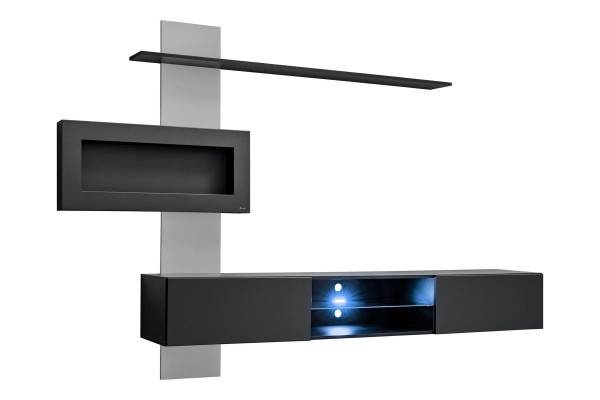 Černá stěnová jednotka s krbem, obývací pokoj, designérový moderní nábytek, TV stojan.