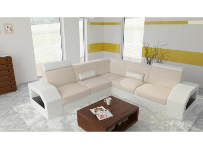 Designová pohovka, gauč, rohová sedačka, kůže, látka, textil, čalounění, souprava, sedací souprava.