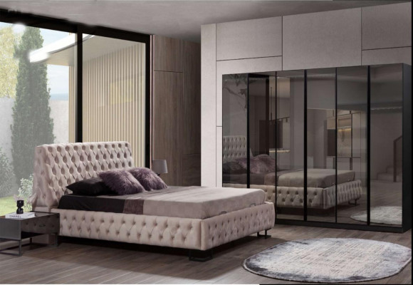 Luxusní ložnice, designový nábytek, luxusní postel, dřevěná skříň