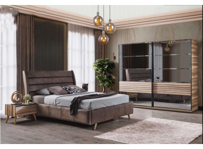 Moderní ložnice Nábytek Polstrovaná manželská postel Dřevěné noční stolky Skříň