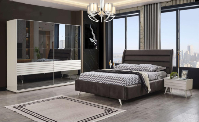 Schlafzimmer Nábytek Skleněná skříň Designová manželská postel Dřevo Noční stolky 4 kusy