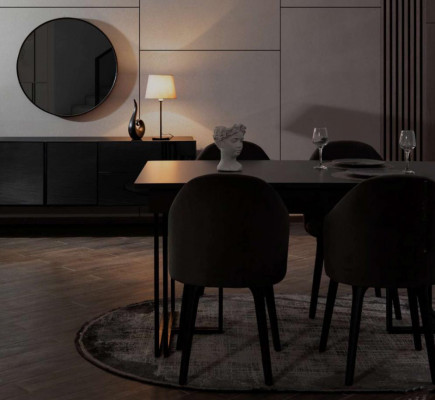 Černý elegantní jídelní pokoj nábytek z dubového dřeva Designový jídelní stůl Komoda židle