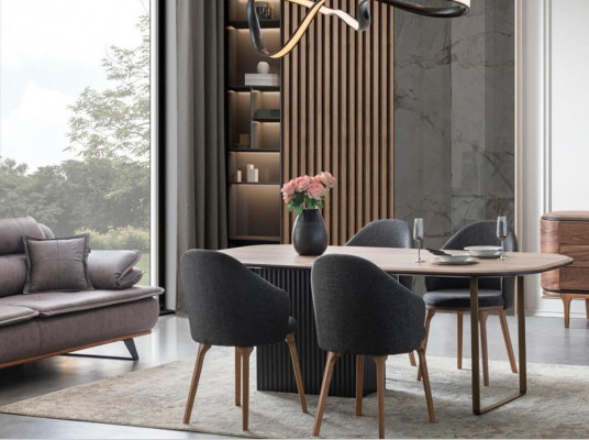 Designový jídelní set Moderní hnědé židle Dřevěný jídelní stůl 5 kusů
