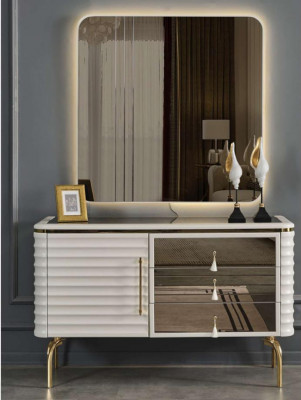 Elegantní bílá komoda se zaobleným LED zrcadlem, ložnice set 2 kusy
